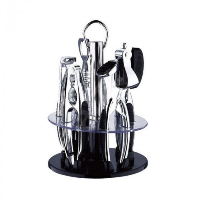 Set de ustensile de bucătărie Bohmann BH 7780, 6 buc, Suport rotativ, Inox/negru