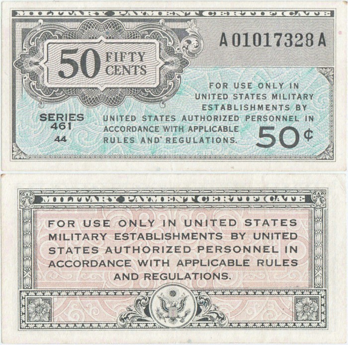 1946, 50 Cents (SM-4) - Military Payment Certificate - SUA - stare CU