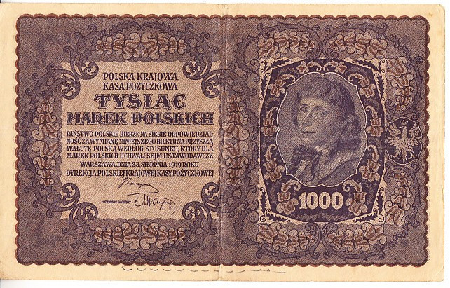B11 1 - Bancnota foarte veche - Polonia - 1000 mark - 1919