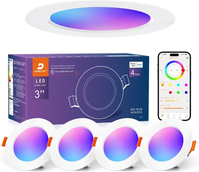 Set 4 Spot-uri RGB+CCT cu Led Inteligent Incastrat, 7W, DUSKTEC, Control din Aplicatie, Autonomie 50000 de ore, Lumina Calda si Rece, Control Vocal, W