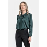 Bluza Dama din Satin, Verde inchis, Eleganta cu Funda V303 - S