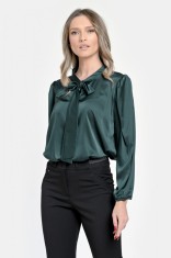 Bluza Dama din Satin, Verde inchis, Eleganta cu Funda V303 - L