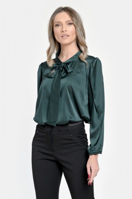 Bluza Dama din Satin, Verde inchis, Eleganta cu Funda V303 - XL foto