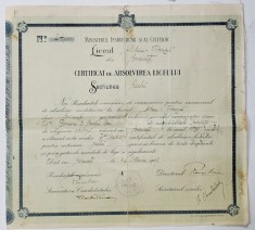 LICEUL MIHAI VITEAZUL DIN BUCURESTI , CERTIFICAT DE ABSOLVIRE , 1919
