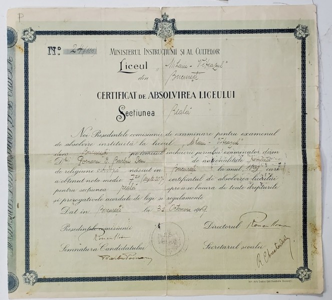 LICEUL MIHAI VITEAZUL DIN BUCURESTI , CERTIFICAT DE ABSOLVIRE , 1919