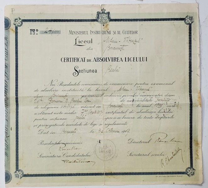 LICEUL MIHAI VITEAZUL DIN BUCURESTI , CERTIFICAT DE ABSOLVIRE , 1919