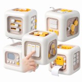 Cumpara ieftin Jucarie educatia timpurie, Cubul Rubik puternic senzorial, 6 fete, apuca si apasa, numeroase texturi, roz cu alb, STEM, MONTESSORI, pentru buna dezvol