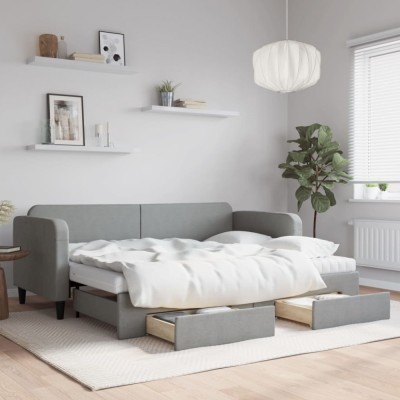 vidaXL Pat de zi cu extensie și sertare, gri deschis, 80x200 cm textil foto