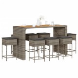 Set mobilier bar de grădină, cu perne, 9 piese, gri, poliratan