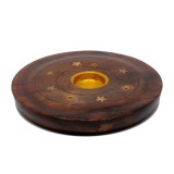 Cumpara ieftin Suport aromaterapie lemn pentru betisoare si conuri parfumate, rotund 9.5 cm, maro, colectare cenusa si protectie suprafete