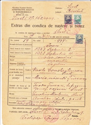 AMS - EXTRAS DIN CONDICA DE NASTERE SI BOTEZ, PAROHIA SIRET, ANUL 1949 foto