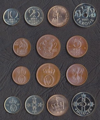 NORVEGIA █ SET DE MONEDE █ 1+2+5+10+25+50 Ore + 1 Krone █ 1972-2007 █ UNC foto
