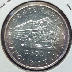 (A389) MONEDA DIN ARGINT ITALIA - 500 LIRE 1993, CENTENARUL BANCII ITALIEI, RARA foto