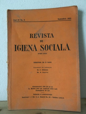 Revista de Igiena Sociala Anul IIINr.9 Septembrie 1933 foto