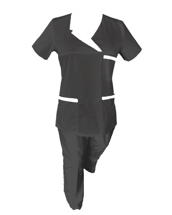 Costum Medical Pe Stil, Negru cu Elastan Cu Paspoal si Garnitură alba, Model Nicoleta - XL, 3XL