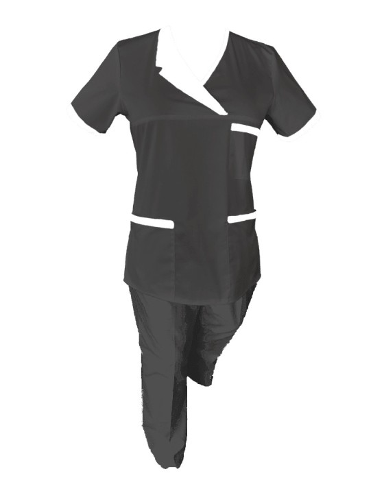 Costum Medical Pe Stil, Negru cu Elastan Cu Paspoal si Garnitură alba, Model Nicoleta - XS, 4XL