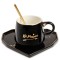 Cana ceramica cu farfurie in forma de inima si lingurita Pufo Be Mine pentru cafea sau ceai, 180 ml, negru