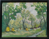 Cumpara ieftin Lucreţia Megyesi-&quot;Valea cu case&quot; - pictură cu ştampilă O.P.C.N. Cluj, Peisaje, Ulei, Impresionism