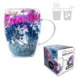 Cana 300 ml din sticla borosilicata, pereti dubli, model flori albastru-roz, in cutie cadou, JollyMag, SZK194