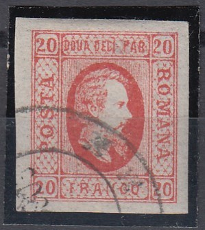 ROMANIA 1865 LP 17 CUZA EFIGIA DOMNITORULUI IN OVAL 20 PARALE ROSU STAMPILAT foto