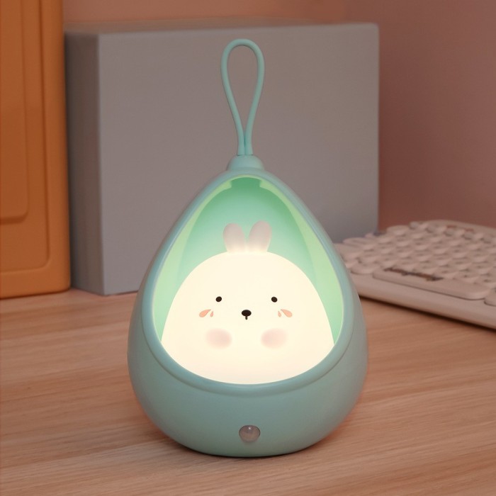Lampa de veghe portabila cu 2 moduri de functionare flippy, silicon non-toxic, reincarcabila usb, senzor miscare, albastru, iepuras