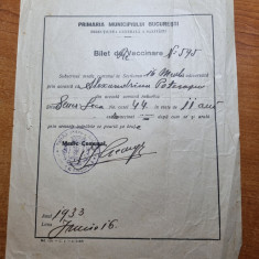 bilet de vaccinare - primaria bucuresti - din anul 1933