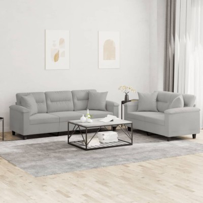 vidaXL Set de canapele cu perne, 2 piese, gri deschis, microfibră 3202351 foto