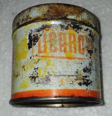 Cutie auto din tabla PECO - LICAROM Romania comunism RSR / continut (unsoare consistenta multifunctionala) partial prezent / D: 7,50 cm H: 7 cm 155 g