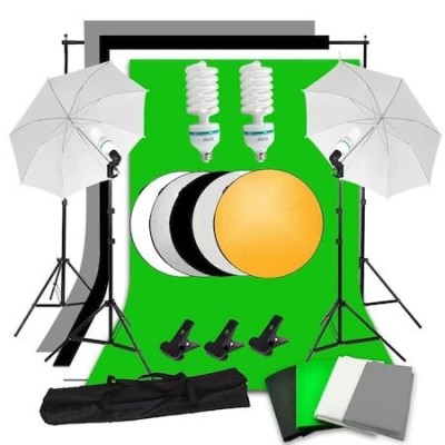 Kit studio foto,2 umbrele,suport fundal 2x3 m,4 panze fundal,becuri 135W,reflector 5in1 + geanta transport foto