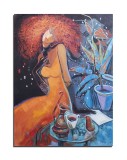 Cumpara ieftin Tablou pictat manual, La o cafea, 80x60cm pictura ulei pe panza, Mircea Iordache