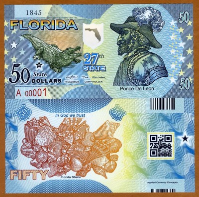 !!! SUA = FANTASY NOTE = FLORIDA- 2016 - UNC / AL 27 - LEA STAT / POLIMER foto