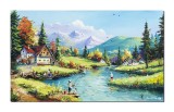 Cumpara ieftin Tablou peisaj de la munte cu pescari pictat manual, Maretie, 100x60cm ulei pe panza, Mircea Iordache