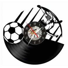 Ceas de perete din disc vinil, Tematică Fotbal, Design Sportiv cu Jucător &icirc;n Salt și Mingea de Fotbal, Negru, 30 cm
