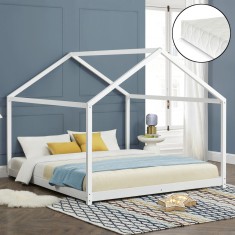 Pat copii Adina W3, en.casa, 206 x 166 x 143 cm, lemn de brad, alb mat lacuit, cu saltea 200 x 160 cm HausGarden Leisure foto