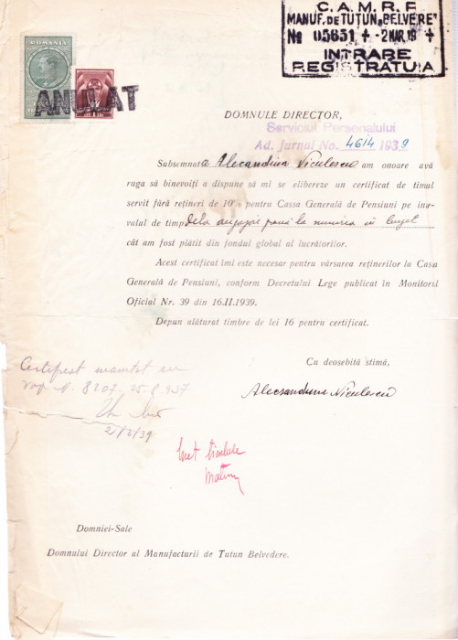 AMS - CERTIFICAT VARSAREA RETINERILOR LA CASA GENERALA DE PENSIUNI 1939