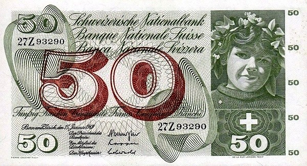 ELVETIA █ bancnota █ 50 Franken █ 1969 █ P-48i █ UNC █ necirculata
