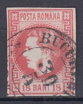 ROMANIA 1868 LP 24 REGELE CAROL I CU FAVORITI 18 BANI ROSU STAMPILAT BUCURESTI foto