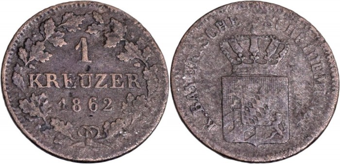 1862 - 1 kreuzer - Maximilian II - Regatul Bavariei Ag. ( .166 ) Cf. : KM# 191