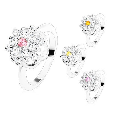 Inel strălucitor cu brațe lucioase, zirconii colorate șlefuite, contur de floare - Marime inel: 49, Culoare: Portocaliu foto