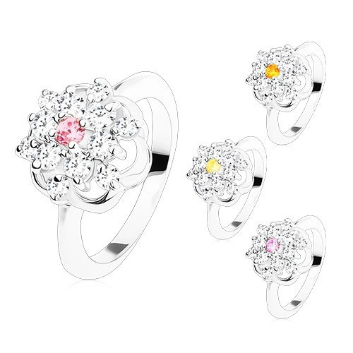 Inel strălucitor cu brațe lucioase, zirconii colorate șlefuite, contur de floare - Marime inel: 49, Culoare: Portocaliu