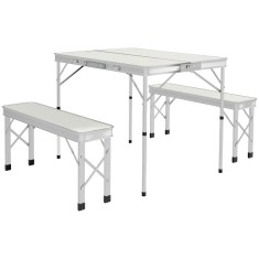 Set mobilier gradina/camping, pliabil, 1 masa, 2 banci, MDF si aluminiu, alb, 90 cm, Frankfurt