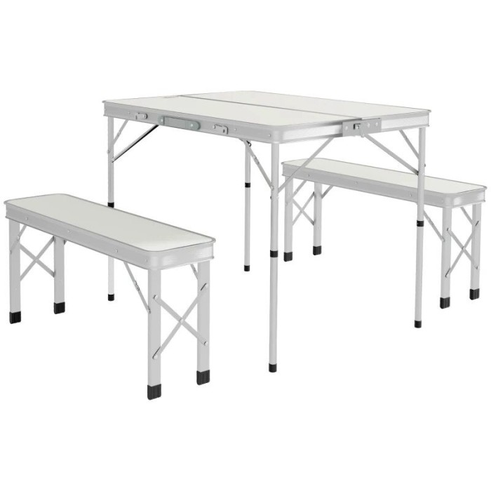 Set mobilier gradina/camping, pliabil, 1 masa, 2 banci, MDF si aluminiu, alb, 90 cm, Frankfurt