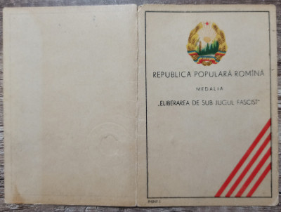 Legitimatie Medalia Eliberarea de sub Jugul Fascist 1954 foto