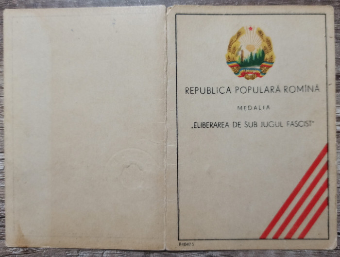 Legitimatie Medalia Eliberarea de sub Jugul Fascist 1954