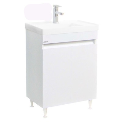 Baza si lavoar ceramic GN2861, mobilier baie stativ 60 cm, front MDF, 2 usi, 2 rafturi, picioare cromate reglabile, alb foto