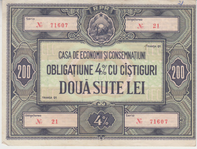 M1 - Bancnota Romania - Obligatiune CEC - 200 lei - Emisiune RPR foto