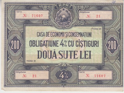 B11 116 - Bancnota foarte veche - Romania - Obligatiune CEC - 200 lei - Emisiune RPR foto
