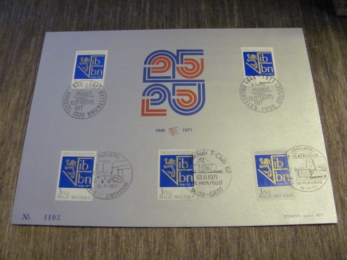 5 Ani Biblioteca Națională 5 Timbre Obliterate 3F50, Ștampile Speciale din 5 Orașe Colecție Aniversară Belgia 1971