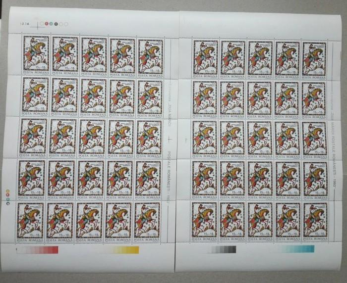 TIMBRE ROM&Acirc;NIA LP1312/1993 Ziua mărcii poștale SET 2coli EROARE + NORMAL MNH