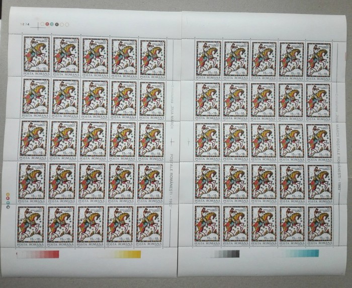 TIMBRE ROM&Acirc;NIA LP1312/1993 Ziua mărcii poștale - SET 2 COLI (eroare +normal) MNH